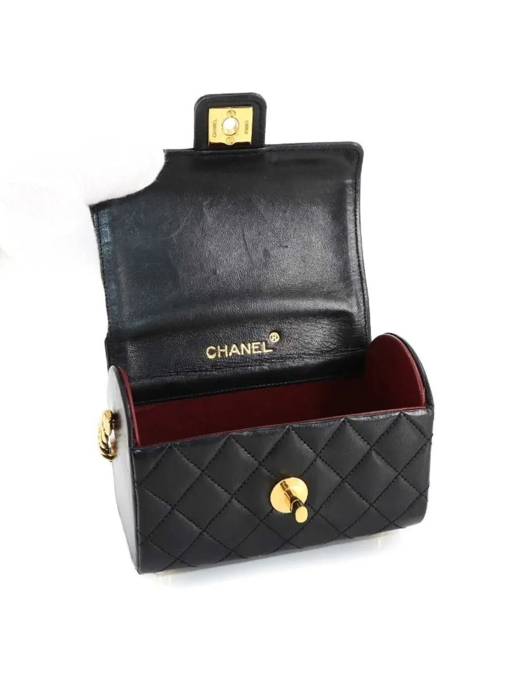 Chanel Quilted Top Handle Flap Hand Bag Lambskin Black Vintage